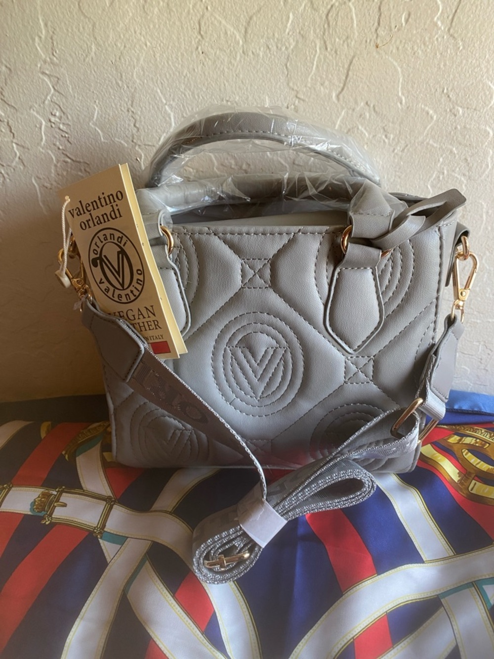 Valentino Orlandi Light Gray Quilted Vegan Leather Satchel with Gold Hardware